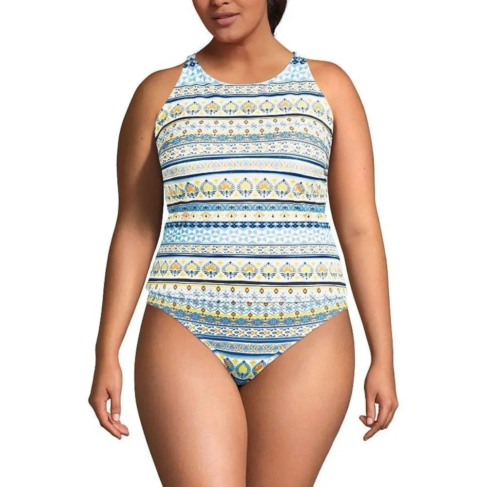 Land's End Plus Tankini Top High Neck Strappy Back White Mosiac Stripe Various